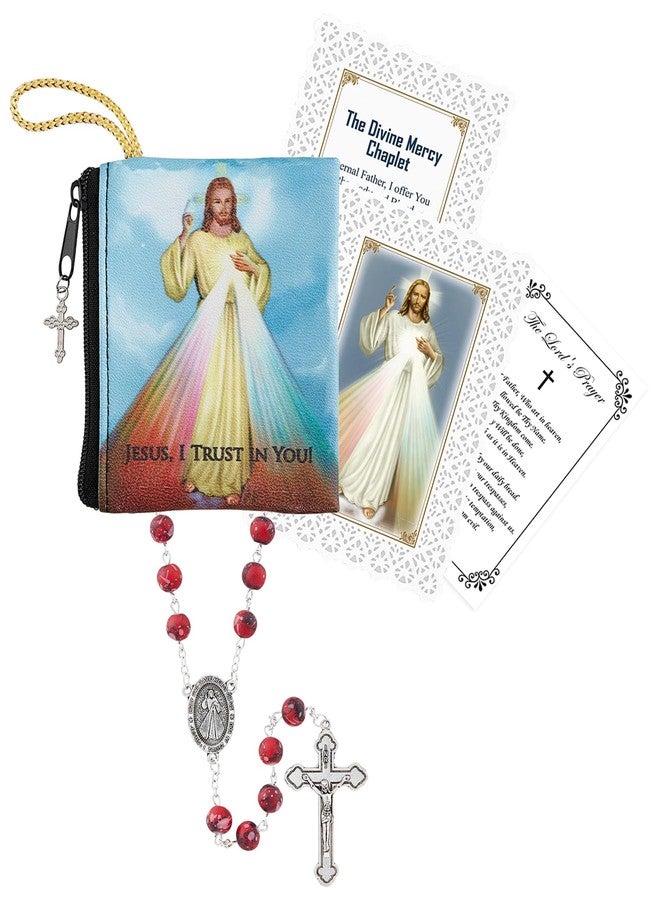 Trendzeen Chaplet of Divine Mercy - Red Marble Style Divine Mercy Rosary Beads, Laminated Holy Card, Zippered Rosary Pouch, The Lord's Prayer Card - 4 Items Set - Image 1